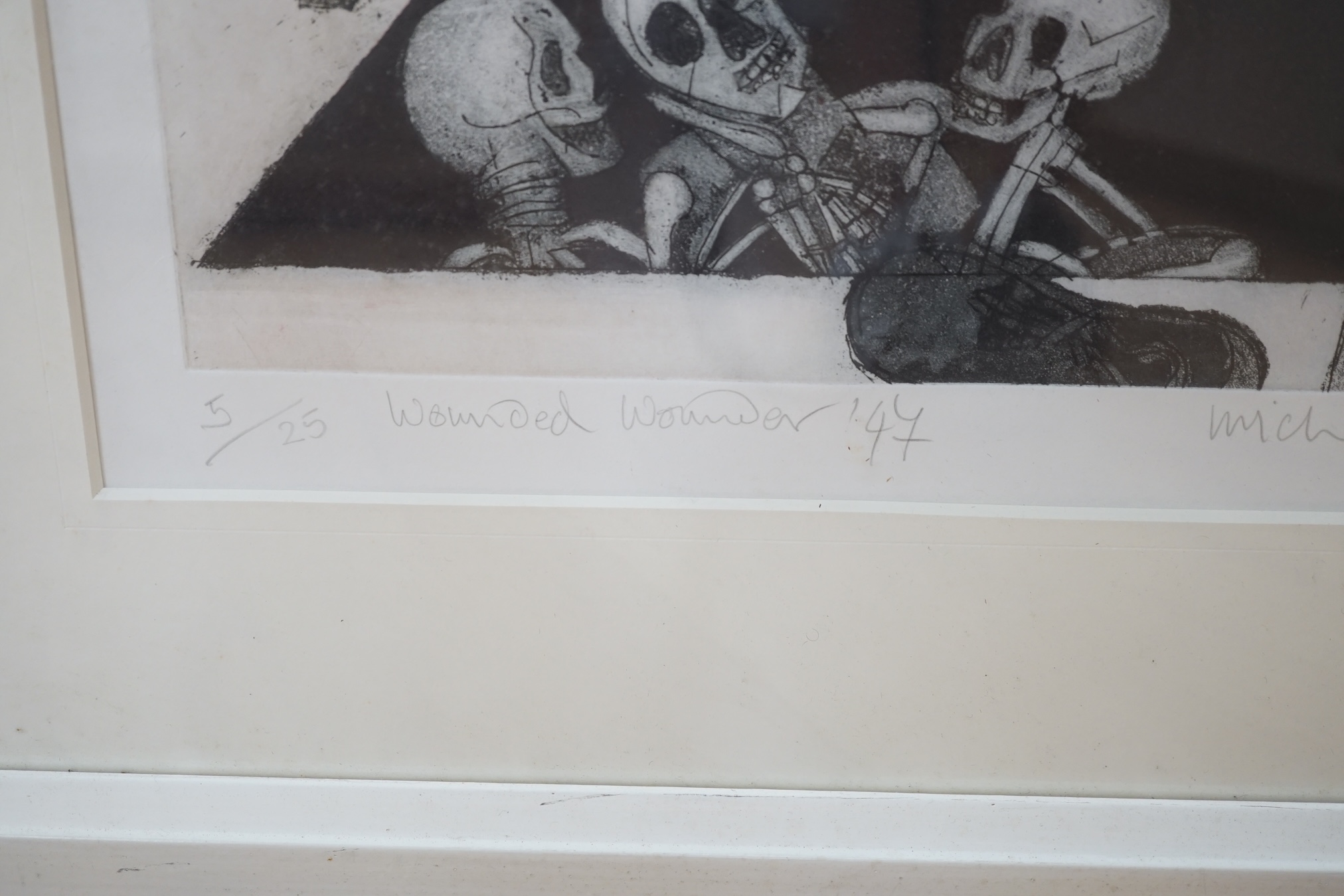 From the Studio of Fred Cuming. Michael Farrell (1940-2000), limited colour etching 5/25, ‘Wounded Wonder’, signed in pencil, 34 x 44cm. Condition - fair